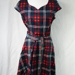 LNC 2XL Plaid Dress Midi Dress Tells Womens Red Navy Blue White Holiday Dress